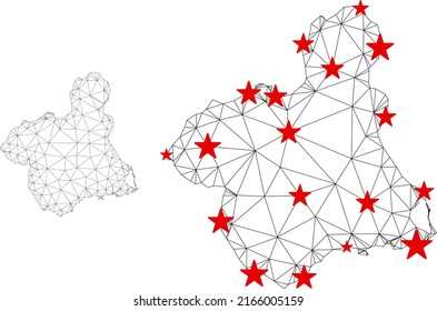 Polygonal mesh Murcia Province map with red star centers. Abstract network connected lines and stars form Murcia Province map. Vector wireframe 2D polygonal network in black and red colors.