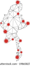 Mapa de Myanmar de malla poligonal con centros de coronavirus. Resumen de líneas conectadas en malla y virus de la gripe en el mapa de Myanmar. Vector wireframe red poligonal plana en color negro y rojo.