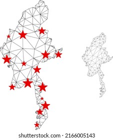 Polygonal mesh Myanmar map with red star centers. Abstract network connected lines and stars form Myanmar map. Vector wire frame flat polygonal network in black and red colors.