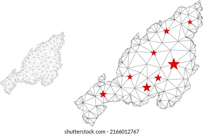 Polygonal mesh Nagaland State map with red star centers. Abstract mesh connected lines and stars form Nagaland State map. Vector wireframe flat polygonal network in black and red colors.