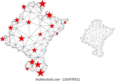 Polygonal mesh Navarra Province map with red star centers. Abstract network connected lines and stars form Navarra Province map. Vector wireframe flat polygonal network in black and red colors.