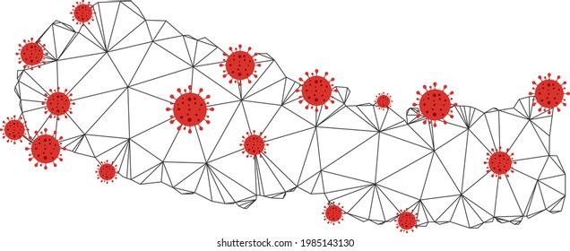 Polygonal mesh Nepal map with coronavirus centers. Abstract network connected lines and covid viruses form Nepal map. Vector wireframe flat polygonal network in black and red colors.