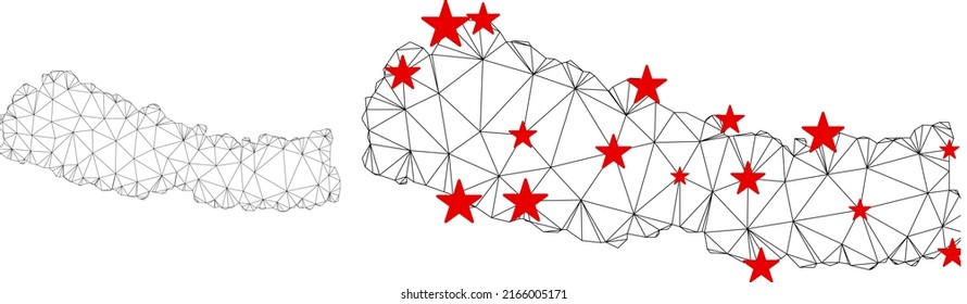 Polygonal mesh Nepal map with red star centers. Abstract mesh connected lines and stars form Nepal map. Vector wireframe 2D polygonal network in black and red colors.