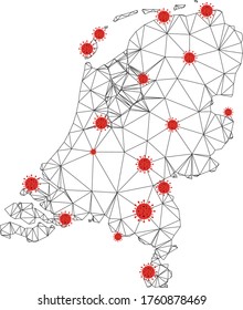 Polygonal mesh Netherlands map with coronavirus centers. Abstract network connected lines and covid viruses form Netherlands map. Vector wire frame 2D polygonal network in black and red colors.