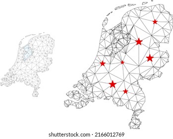 Polygonal mesh Netherlands map with red star centers. Abstract mesh connected lines and stars form Netherlands map. Vector wireframe 2D polygonal network in black and red colors.