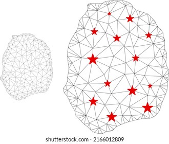 Polygonal mesh Nevis Island map with red star centers. Abstract mesh connected lines and stars form Nevis Island map. Vector wireframe 2D polygonal network in black and red colors.