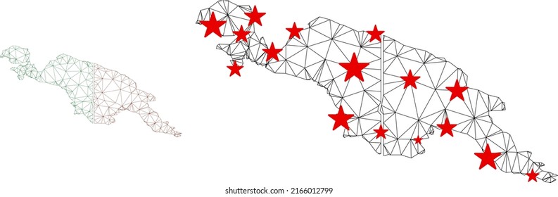 Polygonal mesh New Guinea countries map with red star centers. Abstract mesh connected lines and stars form New Guinea countries map. Vector wireframe flat polygonal network in black and red colors.