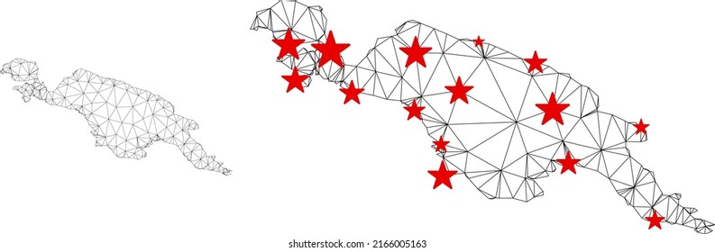 Polygonal mesh New Guinea Island map with red star centers. Abstract network connected lines and stars form New Guinea Island map. Vector wireframe 2D polygonal network in black and red colors.