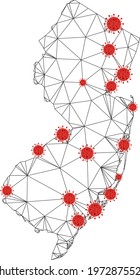 Polygonal mesh New Jersey State map with coronavirus centers. Abstract mesh connected lines and flu viruses form New Jersey State map. Vector wireframe flat polygonal network in black and red colors.