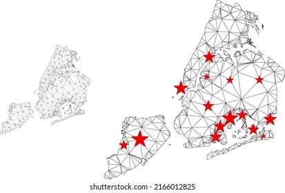 Polygonal mesh New York City map with red star centers. Abstract mesh connected lines and stars form New York City map. Vector wireframe 2D polygonal network in black and red colors.
