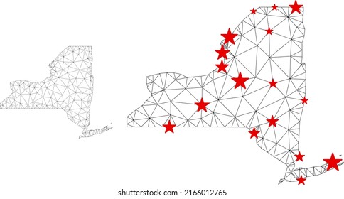 Polygonal mesh New York State map with red star centers. Abstract mesh connected lines and stars form New York State map. Vector wireframe flat polygonal network in black and red colors.