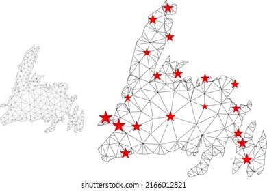 Polygonal mesh Newfoundland Island map with red star centers. Abstract network connected lines and stars form Newfoundland Island map. Vector wire frame 2D polygonal network in black and red colors.