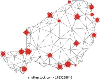 Polygonal mesh Niger map with coronavirus centers. Abstract network connected lines and flu viruses form Niger map. Vector wireframe flat polygonal network in black and red colors.