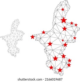 Polygonal mesh Ningxia Hui Region map with red star centers. Abstract network connected lines and stars form Ningxia Hui Region map. Vector wireframe flat polygonal network in black and red colors.