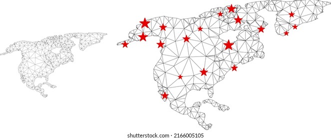 Polygonal mesh North America map with red star centers. Abstract net connected lines and stars form North America map. Vector wireframe flat polygonal network in black and red colors.