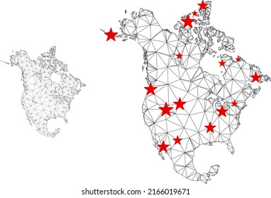 Polygonal mesh North America v2 map with red star centers. Abstract mesh connected lines and stars form North America v2 map. Vector wireframe flat polygonal network in black and red colors.