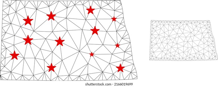 Mapa poligonal del estado de Dakota del Norte con centros de estrellas rojas. Resumen de líneas conectadas en red y estrellas del mapa del estado de Dakota del Norte. Vector wireframe red poligonal plana en color negro y rojo.