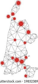 Polygonal mesh North Holland map with coronavirus centers. Abstract network connected lines and covid viruses form North Holland map. Vector wireframe 2D polygonal network in black and red colors.