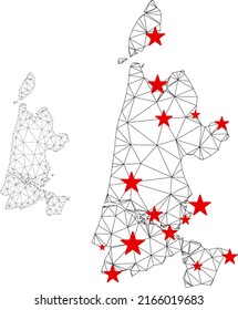 Polygonal Mesh North Holland Karte mit roten Sternen Zentren. Abstrakte Maschenlinien und Sterne bilden die Nordholländische Karte. Vektor Wireframe 2D Polygonnetzwerk in Schwarz und Rot Farben.