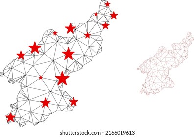 Polygonal mesh North Korea map with red star centers. Abstract network connected lines and stars form North Korea map. Vector wireframe flat polygonal network in black and red colors.