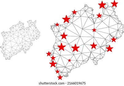 Polygonal mesh North Rhine-Westphalia Land map with red star centers. Abstract mesh connected lines and stars form North Rhine-Westphalia Land map.