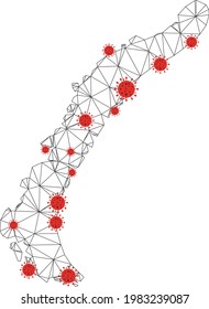 Polygonal mesh Novaya Zemlya Islands map with coronavirus centers. Abstract mesh connected lines and covid viruses form Novaya Zemlya Islands map.