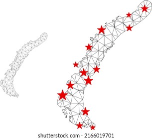 Polygonal mesh Novaya Zemlya Islands map with red star centers. Abstract mesh connected lines and stars form Novaya Zemlya Islands map. Vector wireframe flat polygonal network in black and red colors.