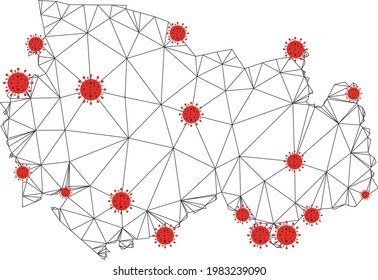 Polygonal mesh Novosibirsk Region map with coronavirus centers. Abstract network connected lines and covid viruses form Novosibirsk Region map.