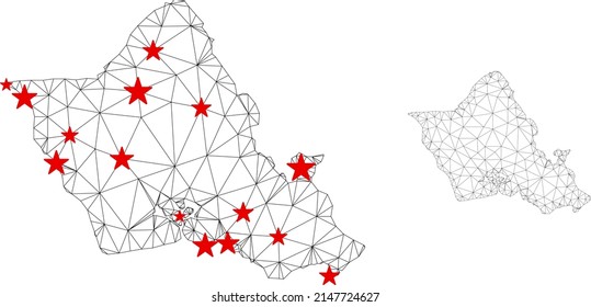 Polygonal mesh Oahu Island map with red star centers. Abstract network connected lines and stars form Oahu Island map. Vector wireframe flat polygonal network in black and red colors.