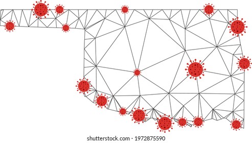 Polygonal mesh Oklahoma State map with coronavirus centers. Abstract mesh connected lines and flu viruses form Oklahoma State map. Vector wireframe flat polygonal network in black and red colors.