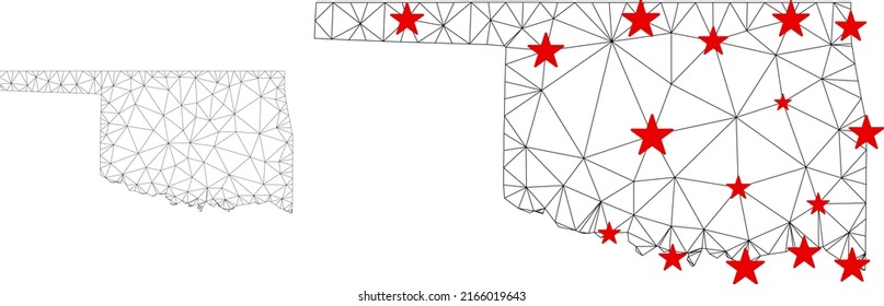 Polygonal mesh Oklahoma State map with red star centers. Abstract mesh connected lines and stars form Oklahoma State map. Vector wire frame 2D polygonal network in black and red colors.