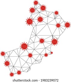 Polygonal mesh Oman map with coronavirus centers. Abstract network connected lines and covid- 2019 viruses form Oman map. Vector wireframe flat polygonal network in black and red colors.