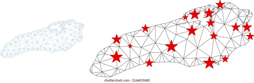 Polygonal Mesh Ontario Seekarte mit roten Sternen Zentren. Abstraktes Netzwerk verbindet Linien und Sterne von Ontario Seekarte. Vektor-Wireframe 2D Dreiecksnetzwerk in Schwarz-Rot-Farben.