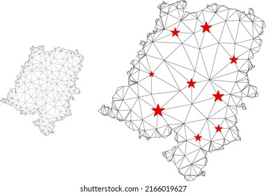 Polygonal mesh Opole Voivodeship map with red star centers. Abstract mesh connected lines and stars form Opole Voivodeship map. Vector wireframe flat polygonal network in black and red colors.