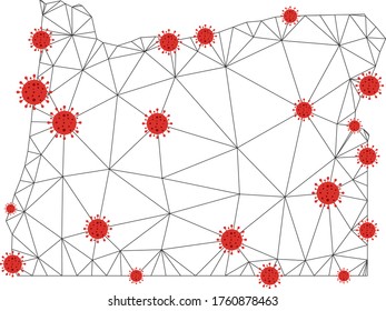 Mapa poligonal del estado de Oregon con centros de coronavirus. Resumen de las líneas conectadas en malla y los virus covid-2019 forman el mapa del estado de Oregon. Red triangular 2D de marco de vectores en colores negro y rojo.