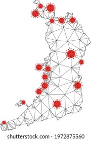 Polygonal mesh Osaka Prefecture map with coronavirus centers. Abstract network connected lines and covid- 2019 viruses form Osaka Prefecture map.