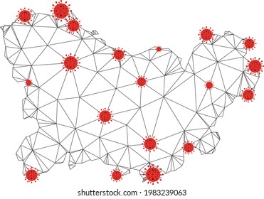 Polygonal mesh Ourense Province map with coronavirus centers. Abstract mesh connected lines and flu viruses form Ourense Province map. Vector wireframe 2D polygonal network in black and red colors.