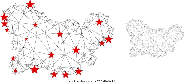Polygonal mesh Ourense Province map with red star centers. Abstract network connected lines and stars form Ourense Province map. Vector wireframe flat polygonal network in black and red colors.