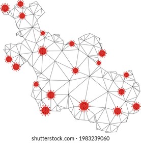 Mapa de la provincia de Overijssel de malla poligonal con centros de coronavirus. Resumen de las líneas conectadas a la red y de los virus de la gripe en el mapa de la provincia de Overijssel.