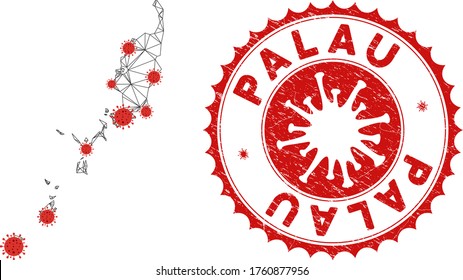Mapa Palau de malla poligonal con centros de coronavirus. Resumen de líneas conectadas a la red y virus de la gripe desde el mapa de Palau. Vector wireframe red poligonal plana en color negro y rojo.