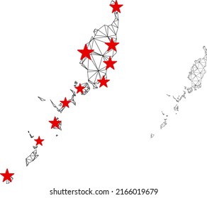 Mapa de palau de malla poligonal con centros de estrellas rojas. Resumen de líneas conectadas en red y estrellas del mapa de Palau. Vector wireframe red poligonal plana en color negro y rojo.