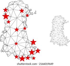 Polygonal mesh Palencia Province map with red star centers. Abstract network connected lines and stars form Palencia Province map. Vector wireframe 2D polygonal network in black and red colors.