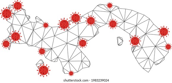 Polygonal Mesh Panama Karte mit Coronavirus Zentren. Abstrakte vernetzte Linien und covide Viren bilden die Panama-Karte. Vectordrahmen flaches polygonales Netz in Schwarz und Rot.