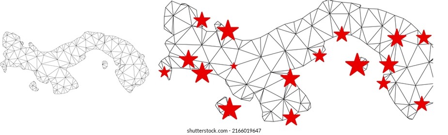 Polygonal mesh Panama map with red star centers. Abstract mesh connected lines and stars form Panama map. Vector wireframe 2D polygonal network in black and red colors.