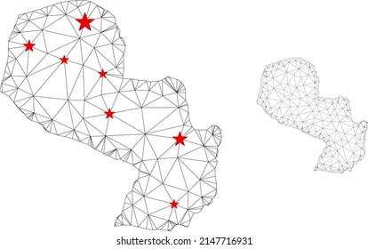 Polygonal Mesh Paraguay Karte mit roten Sternen Zentren. Abstrakte Maschenlinien und Sterne bilden die Paraguay-Karte. Vektor Wireframe flaches polygonal Netzwerk in Schwarz-Rot-Farben.