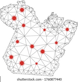Polygonal mesh Paral State map with coronavirus centers. Abstract mesh connected lines and covid viruses form Paral State map. Vector wireframe 2D polygonal network in black and red colors.
