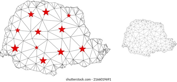 Polygonal mesh Parana State map with red star centers. Abstract mesh connected lines and stars form Parana State map. Vector wireframe 2D polygonal network in black and red colors.