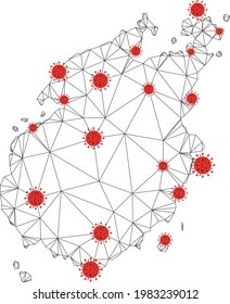 Polygonal mesh Paros Island map with coronavirus centers. Abstract network connected lines and flu viruses form Paros Island map. Vector wireframe flat polygonal network in black and red colors.