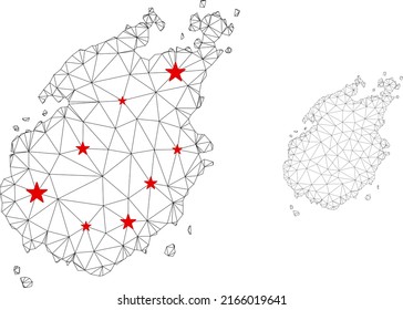 Polygonal mesh Paros Island map with red star centers. Abstract network connected lines and stars form Paros Island map. Vector wire frame 2D polygonal network in black and red colors.