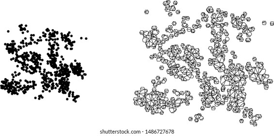 Polygonal mesh particle swarm and flat icon are isolated on a white background. Abstract black mesh lines, triangles and nodes forms particle swarm icon.